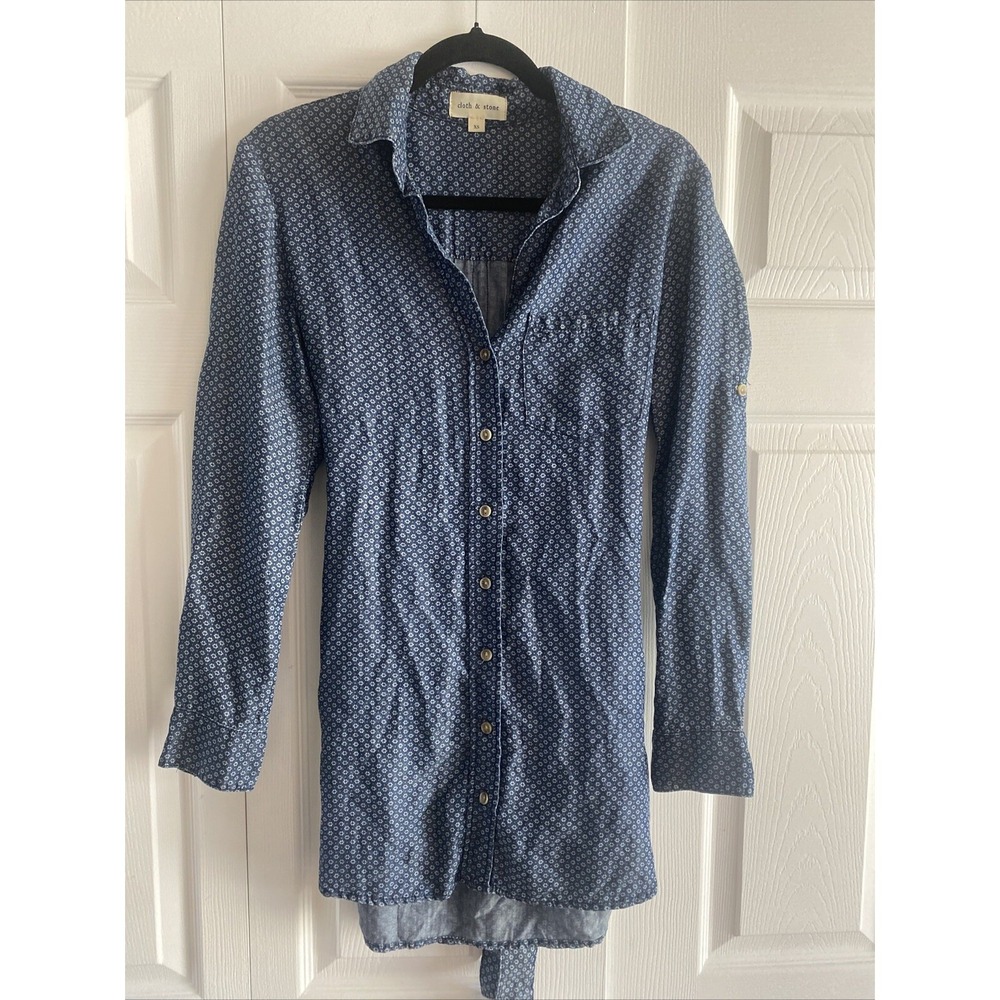Cloth & Stone Roll Tab Shirt Dress Womens XS Blue Geometric Tunic Anthropologie